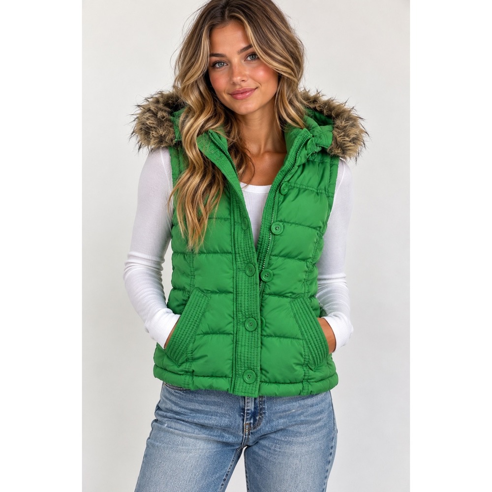 Aeropostale Green Puffer Vest Faux Fur Hood Plaid Lined Y2K Women's Medium